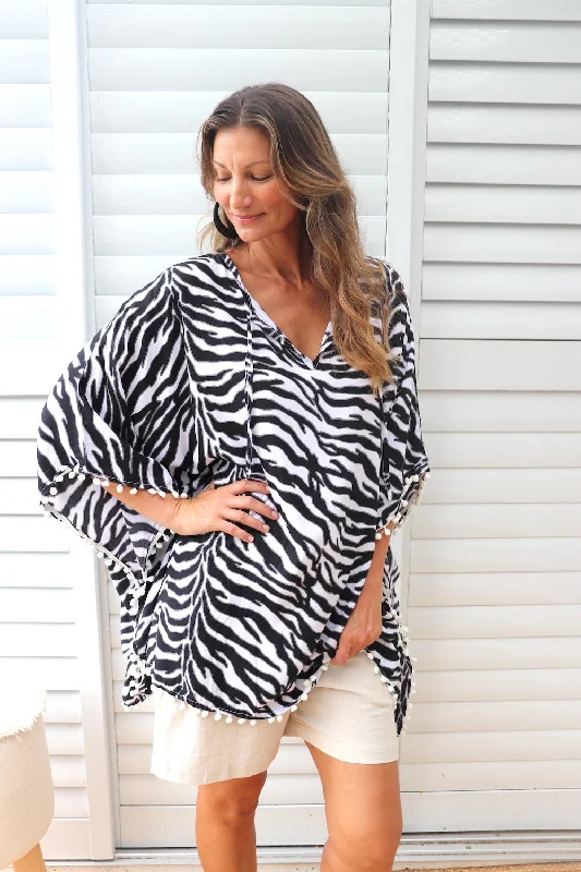 Short Pom Pom Kaftan in Zebra Black Stylish Women's Tropical 