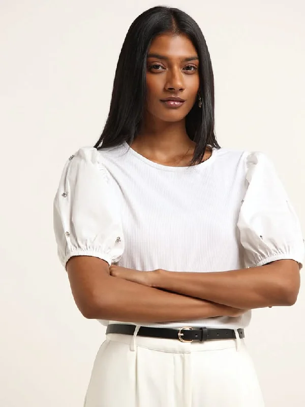 Wardrobe White Ribbed Textured Top Stylish Women's Tropical 
