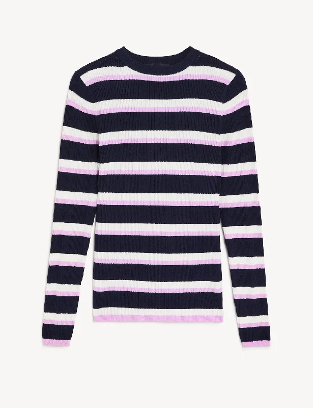 Ribbed Striped Crew Neck Knitted Top Preppy Women's College