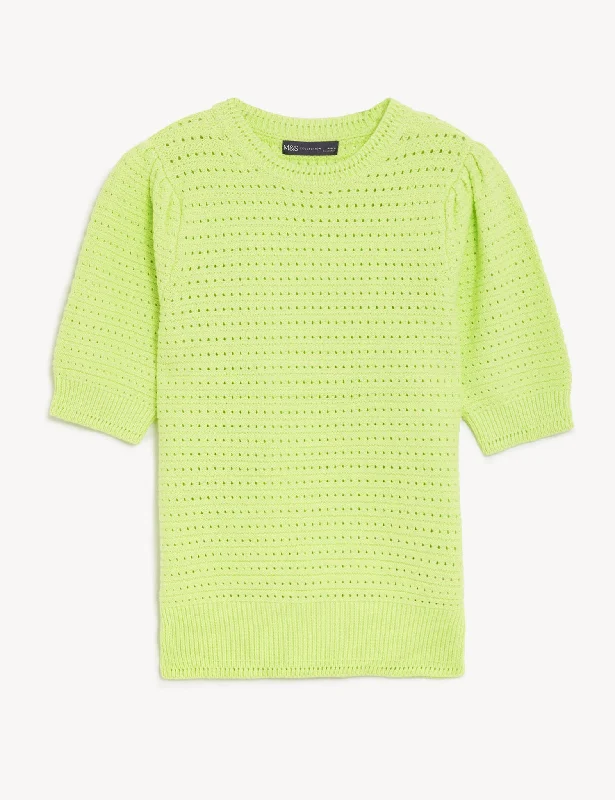 Cotton Rich Textured Knitted Top Elegant Women's Formal 