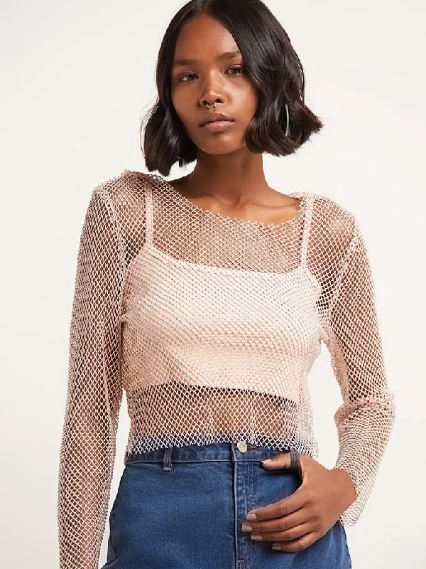 Nuon Light Pink Embellished Mesh Top with Inner Elegant Women's 
