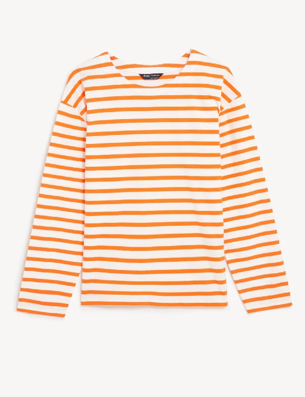 Pure Cotton Striped Crew Neck Top Modern Women's 