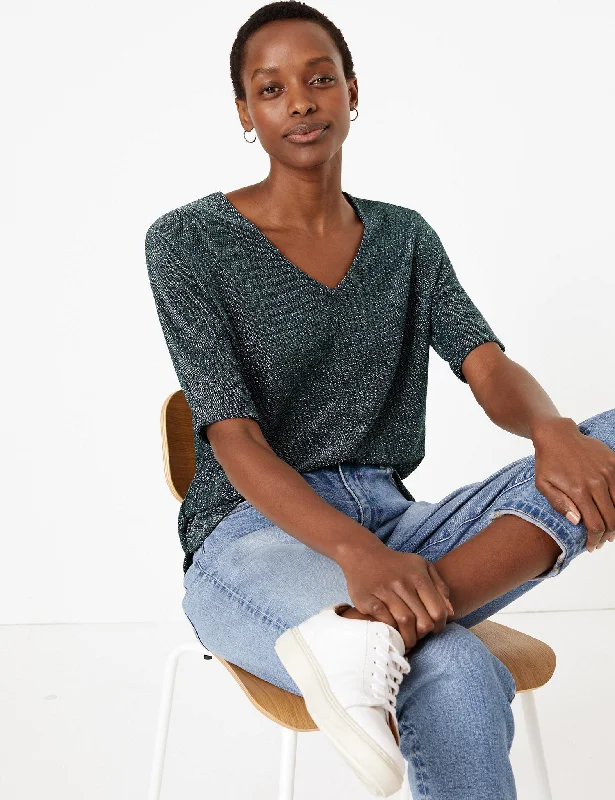 Metallic V-Neck Short Sleeve Top Sleek Women's Metallic