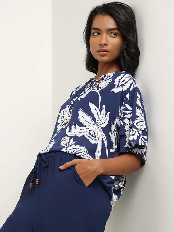 LOV Navy Printed Top Relaxed Women's Beachy