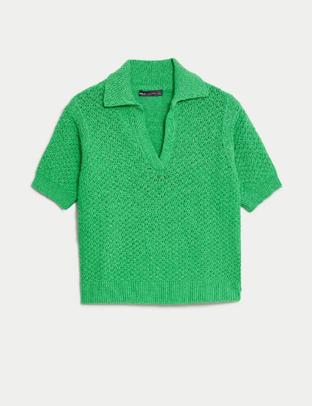 Cotton Rich Collared Knitted Top Sporty Women's Tennis