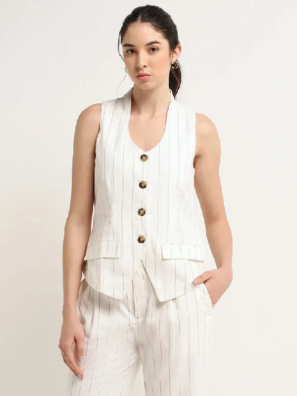 Wardrobe Off-White Striped Cotton Waistcoat Cozy Women's Winter