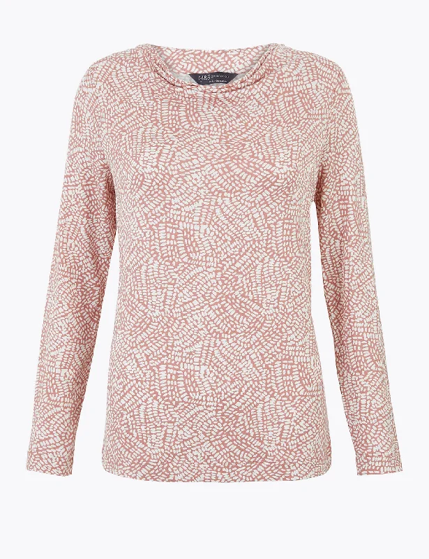 Printed Cowl Neck Long Sleeve Top Athletic Women's 