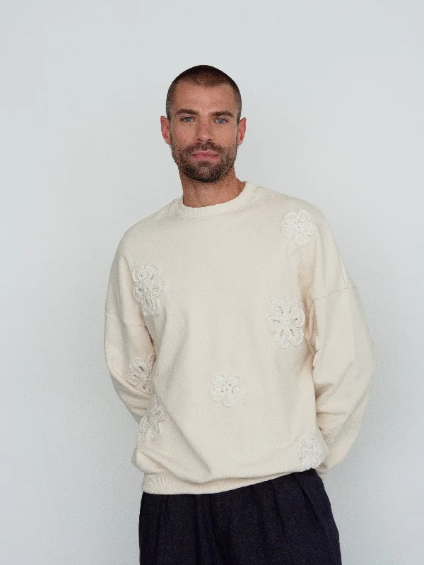 ANEMONE with flowers cream crewneck Polished Women's Silk
