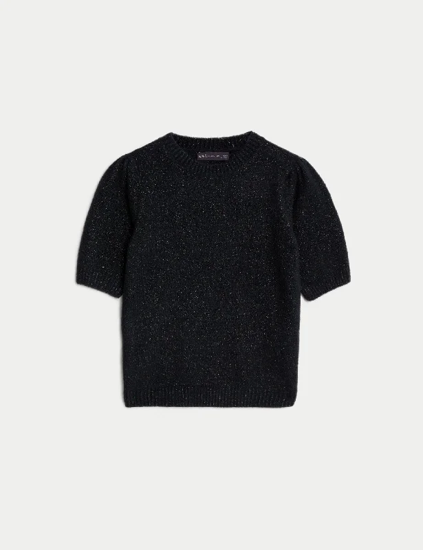 Sparkly Crew Neck Knitted Top Sporty Women's Athleisure 