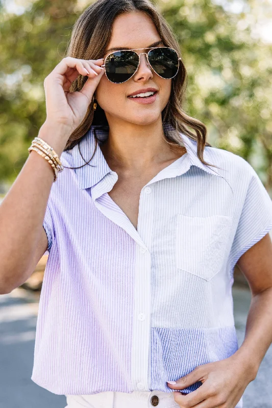 Running Out The Door Blue Striped Button Down Top Sporty Women's Athleisure 