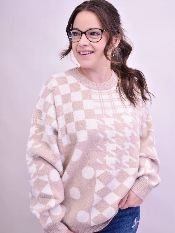Let's Try It Mixed Pattern Sweater Cool Women's Distressed