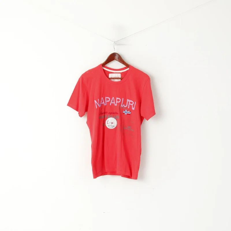 Napapijri Geographic Women L T- Shirt Red Embroided Logo Sport Top Preppy Women's College