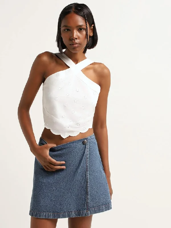 Nuon White Cotton Schiffli Crop Top Artistic Women's Avant - 