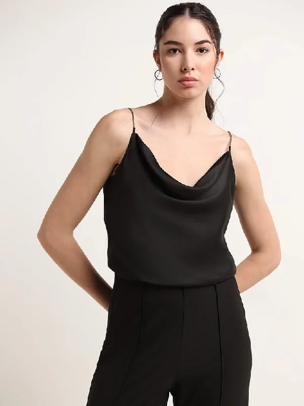 Wardrobe Black Cowl Neck Strappy Top Artistic Women's Hand - painted