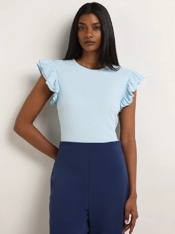 Wardrobe Blue Cotton Blend Ribbed Top Refined Women's Hand - crafted
