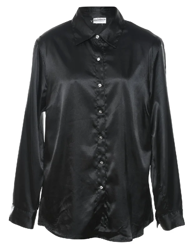 Long Sleeved Black Shiny Long Sleeve Shirt - XL Dapper Women's Bow - adorned