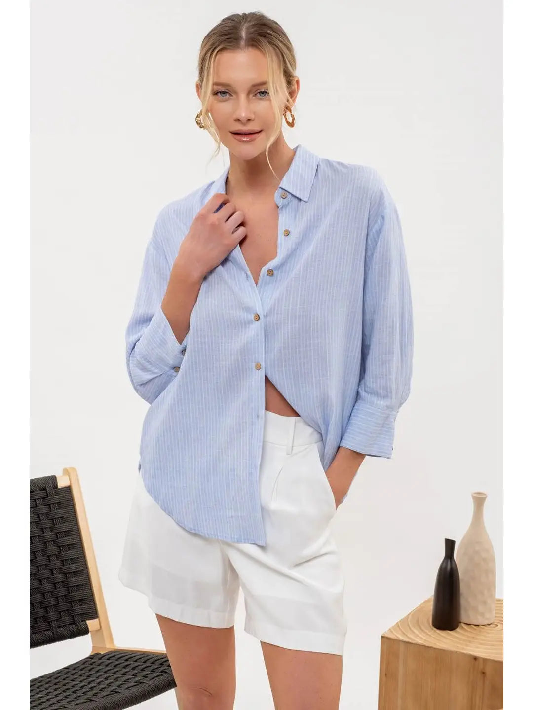 Marissa Blue Button Down Artistic Women's Hand - painted