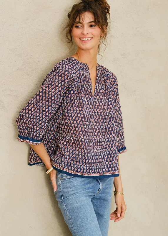 Indigo Mari Print Top Casual Women's Loose - fitting