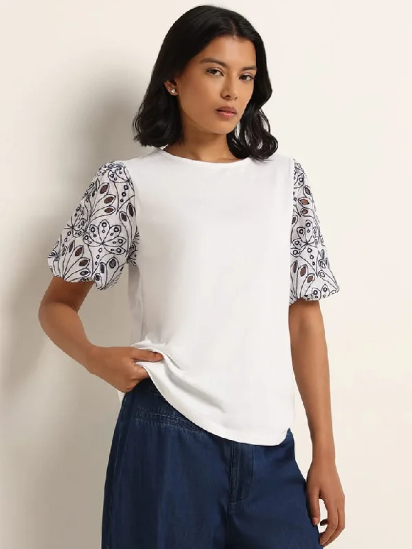 LOV White Embroidered Sleeve Cotton Top Refined Women's Hand - crafted