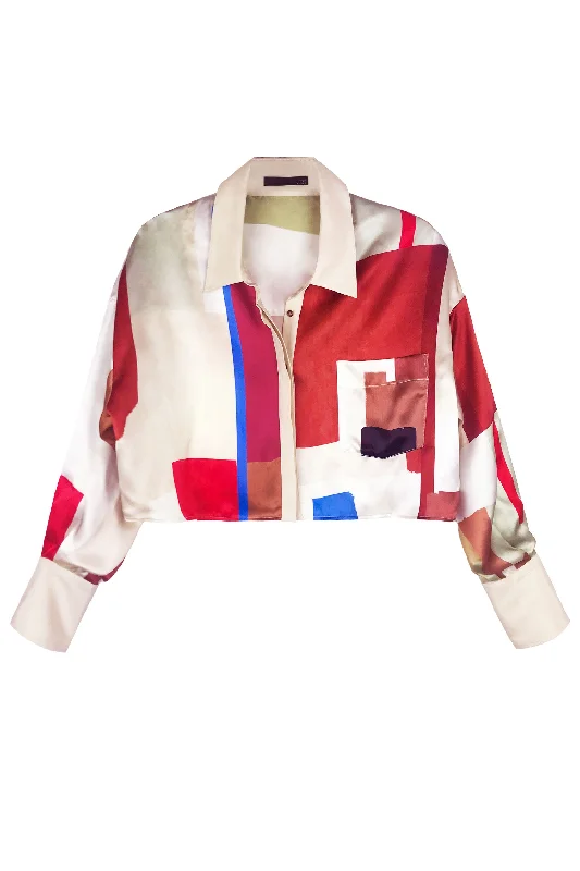 Cropped Oversized Satin Button Up - Cube Print Casual Women's Japanese 