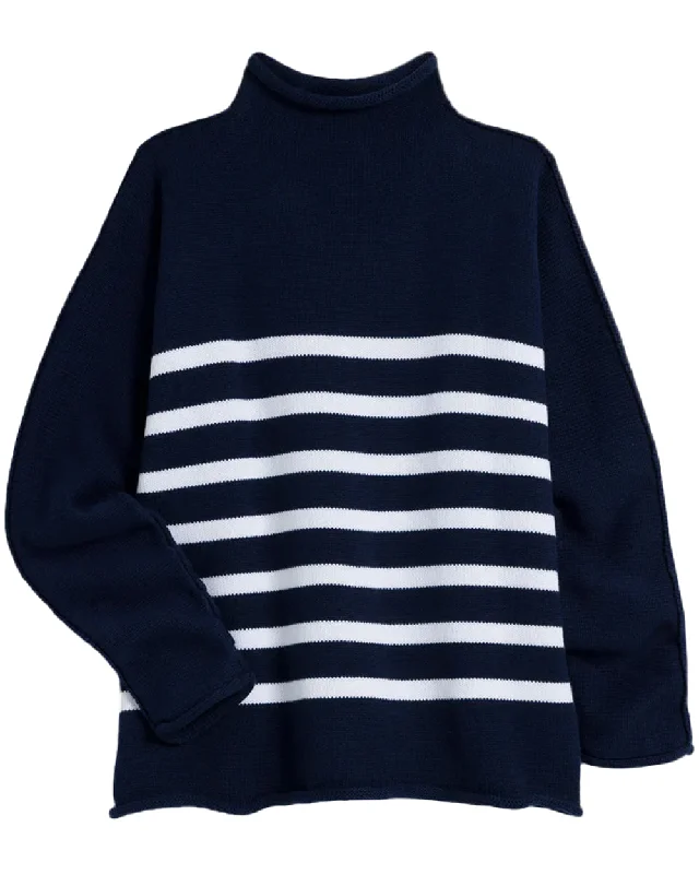 Navy and White Stripe Knit Monterey Sweater Polished Women's Silk