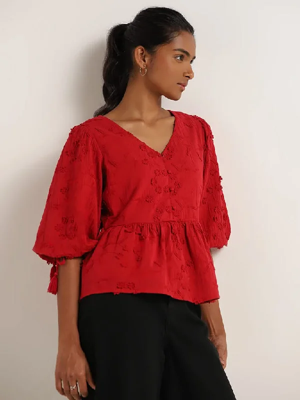 LOV Red Embroidered Cotton Top Geometric