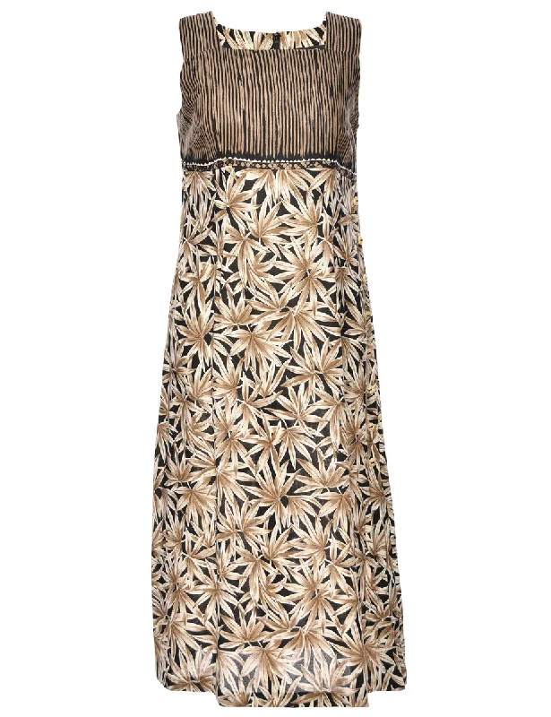 Floral Print Black & Brown Square Neck Dress - M Contemporary 