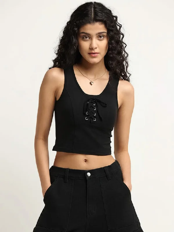 Nuon Black Cotton Blend Lace-Up Crop Top Relaxed Women's Beachy