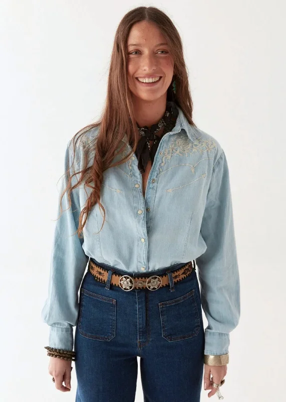 Austin Denim Shirt in Mustang Blue Feminine Women's Style 