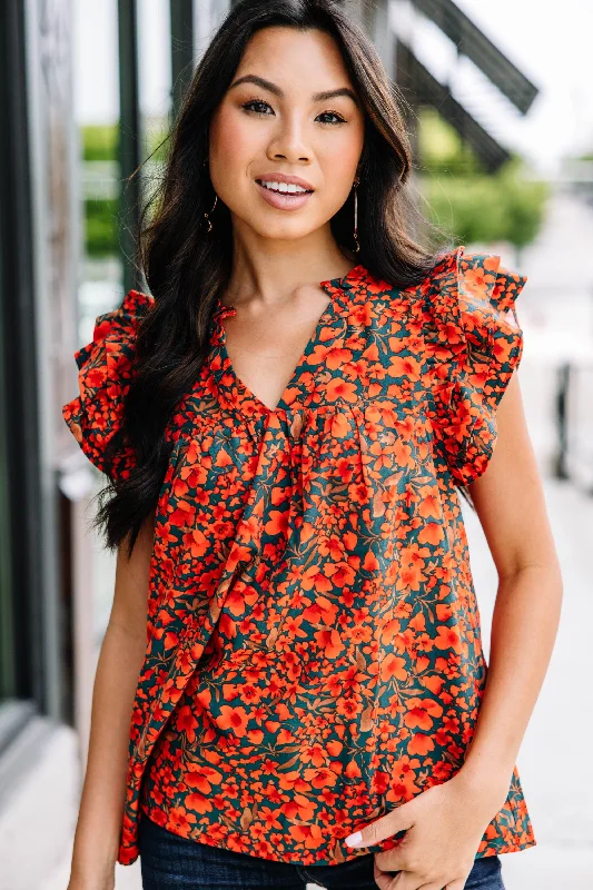 Right Place Right Time Hunter Green Floral Blouse Women
