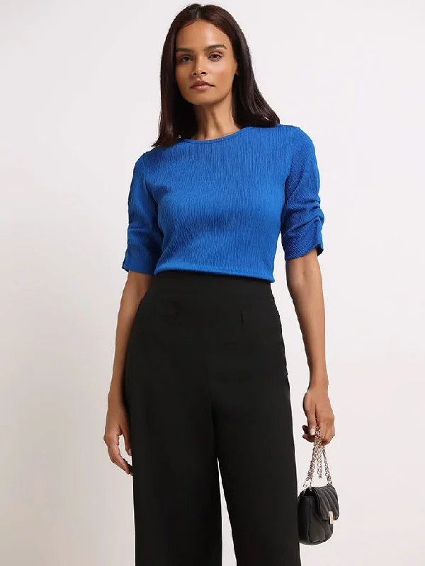 Wardrobe Blue Crinkled Top Feminine Women's Soft 