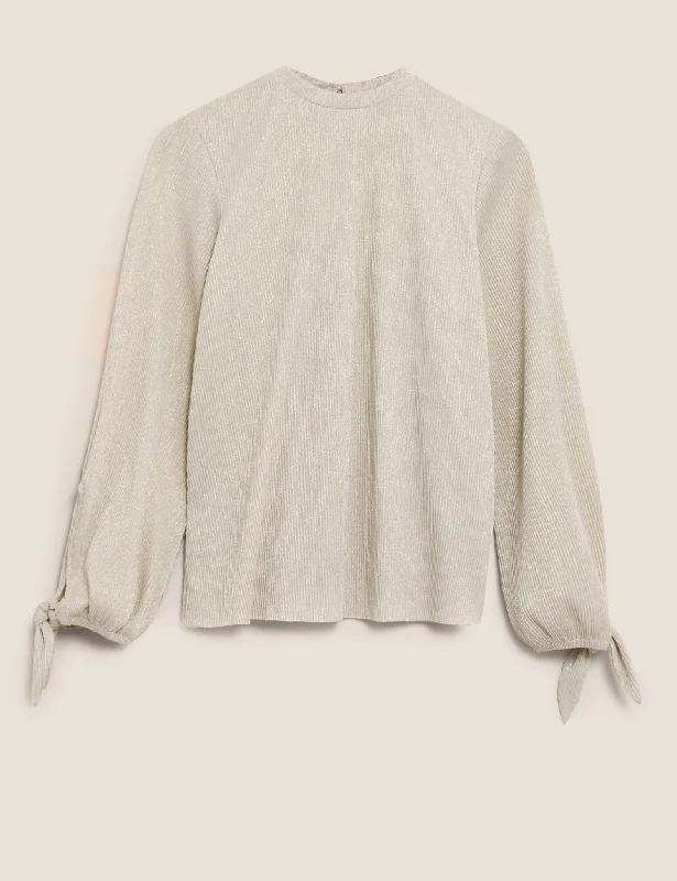 Plisse High Neck Long Sleeve Top Elegant Women's 