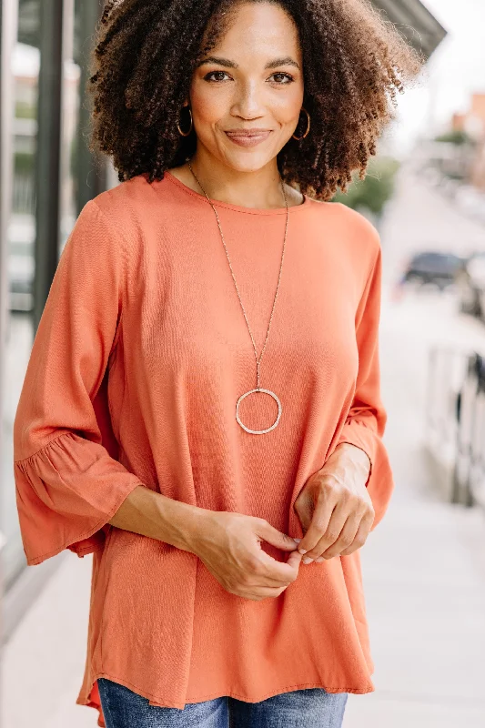 Play Your Cards Right Rust Orange Ruffled Top Trendy Women's Oversized