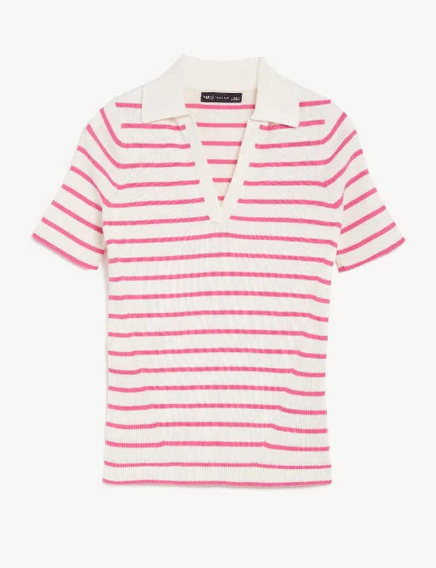 Cotton Rich Striped Collared Knitted Top Monochromatic Office Style