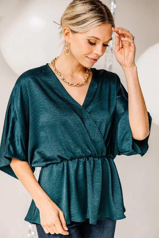 Show Out Emerald Green Satin Blouse Elegant Women's Formal 