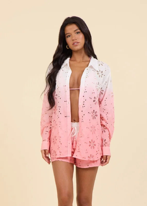 Sunset Ombre Coral Floral Shirt Vacation
