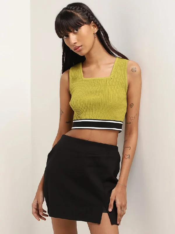 Nuon Green Ribbed Cotton Blend Crop Top Sleek Women's Metallic