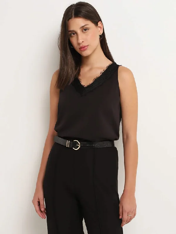 Wardrobe Black V-Neck Lace Top Laid - back Women's Style