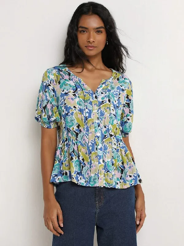 LOV Multicolour Floral Printed Cotton Peplum Blouse Stylish Women's Tropical 
