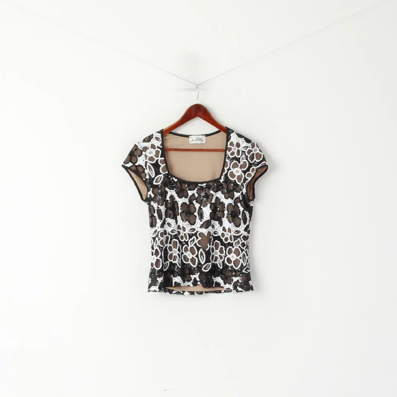 Joseph Ribkoff Women L 14 Shirt Black Floarl Sequins Elegant Ornate Cropped Top Classic Women's Pin - striped