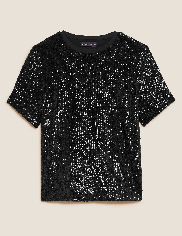 Sequin Round Neck Regular Fit Top Unique Women's Upcycled