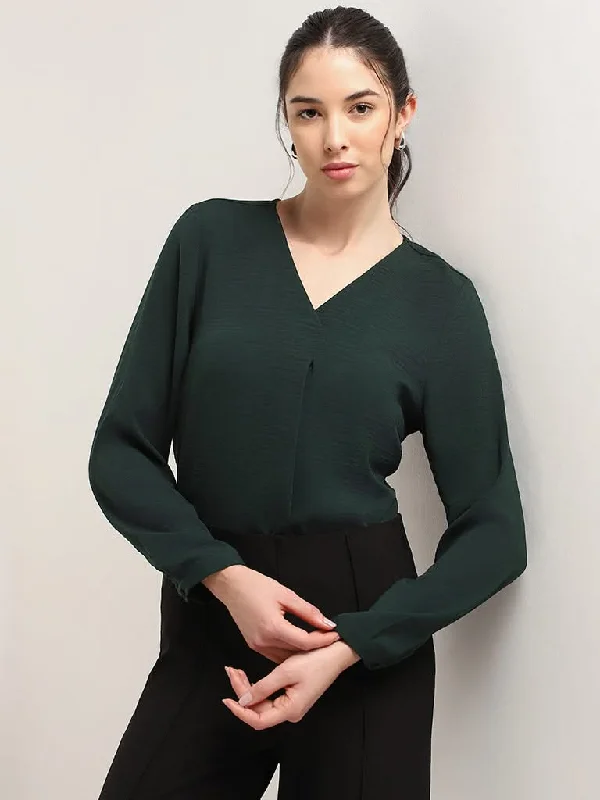 Wardrobe Solid Green V Neck Top Contemporary 