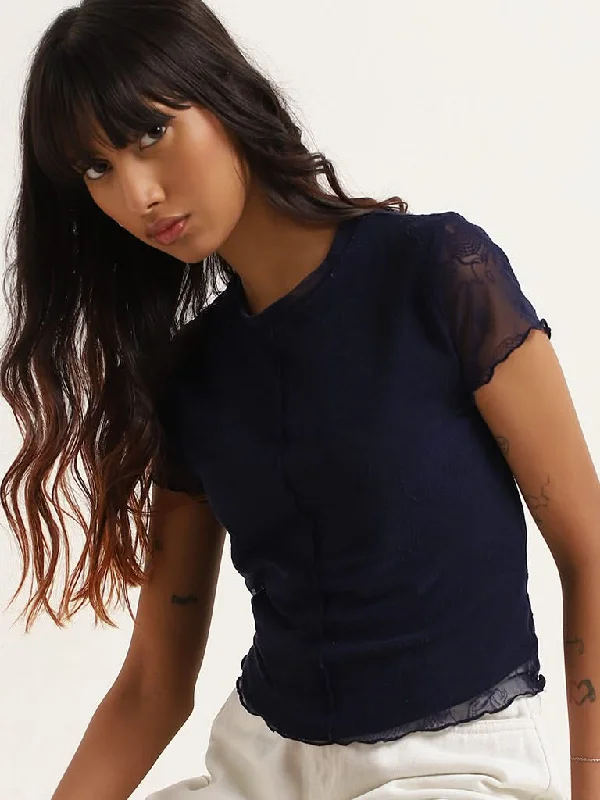 Nuon Blue Mesh Floral Top Minimalist Women's Casual