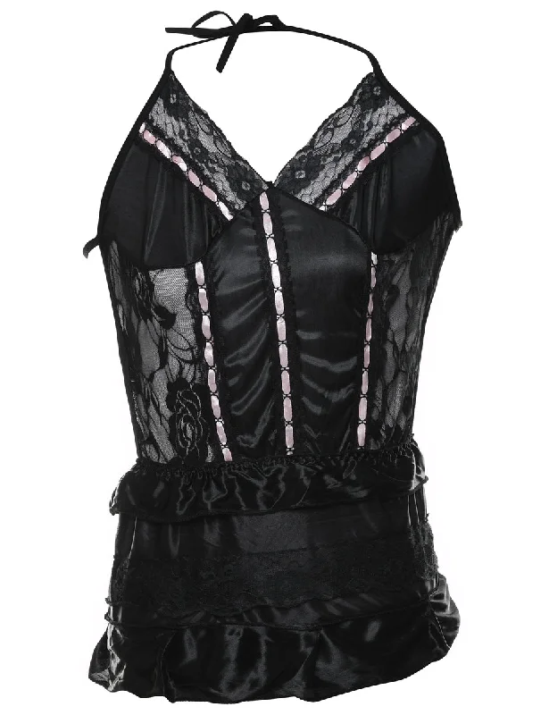 Black & Pale Pink Lace Trim Halterneck Babydoll - XS Classic Women's Tweed