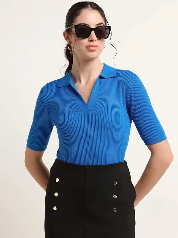 Wardrobe Blue Ribbed Top Cool Women's Distressed