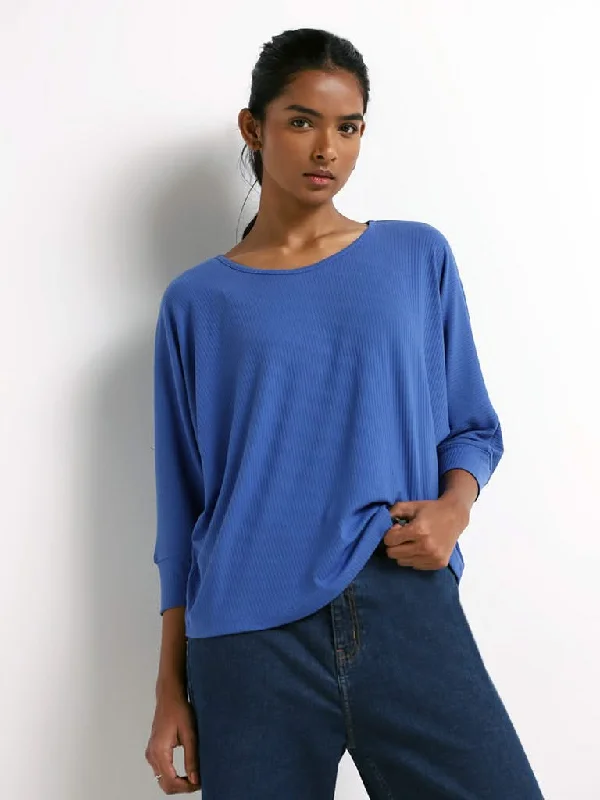 LOV Blue Ribbed Top Sleek Women's Metallic