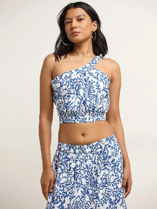 LOV Blue Schiffli Cotton One-Shoulder Top Sophisticated Women's 