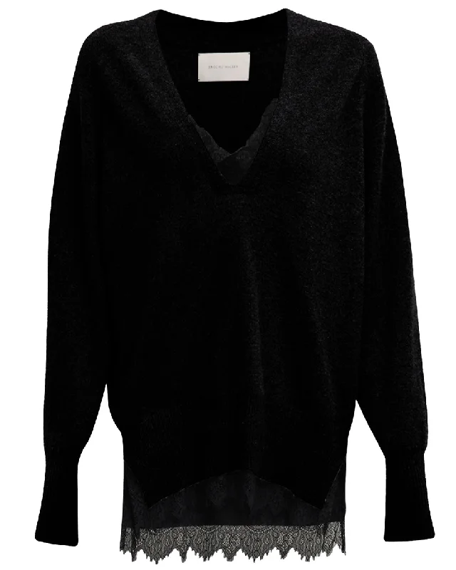 Black Onyx Lace Layered Vee Pullover Feminine Women's Style 
