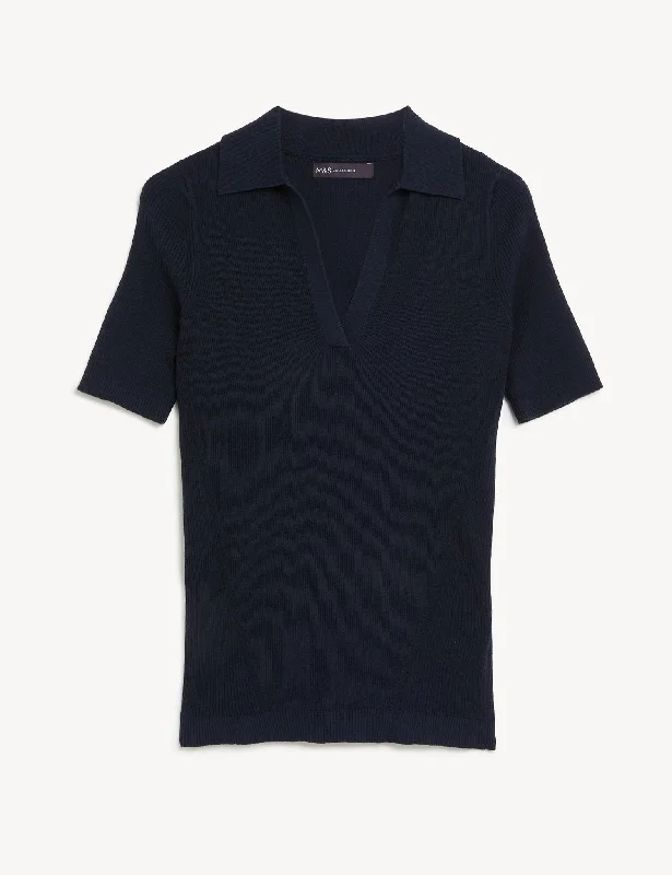 Cotton Rich Ribbed Collared Knitted Top Dapper Women's Bow - adorned