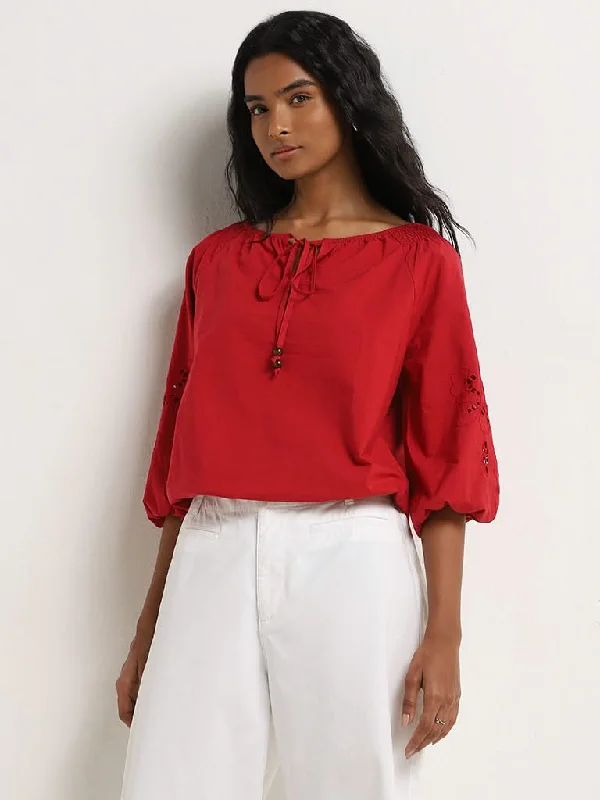 LOV Red Schiffli Design Cotton Blouse Disco